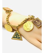 Gold tone quality faux coins and stamps charms bracelets 7” - $611.55 MXN