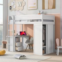 Twin Size Loft Bed With Wardrobes And 2-Drawer Desk Cabinet, Solid Wood High Lof - £735.75 GBP