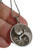  Yin Yang Tree Of Life Pendant 20&quot; Ball Chain Necklace Pagan Boho Etched Steel  - £5.83 GBP