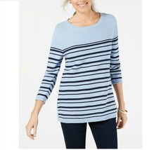 Karen Scott Womens XL Blue Striped Knit Lace up 3/4 Sleeve Cotton Sweater Retag - £11.07 GBP