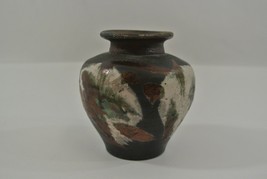 Raku Studio Pottery Vase Shiny Green Brown Glaze Signed M or W 3.5&quot; - £30.92 GBP