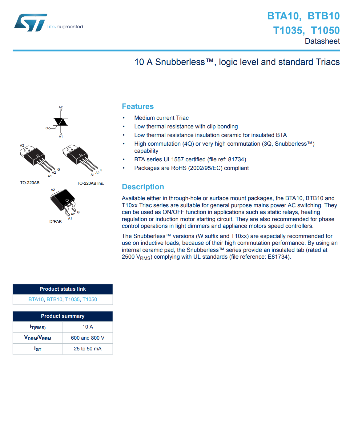 8PCS BTB10-600BWRG BTB10-600BW STMicroelectronics Triac 600V 10A TO-220AB Item image 2