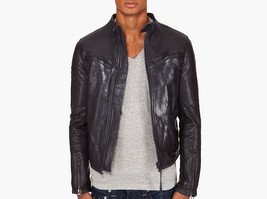 Customize Men Black Biker Leather Jacket With Button Tab Collar and Fron... - $2,546.82 MXN