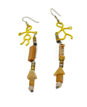 Handmade Earrings Yellow Stick People Danglers recycled Vintage Resistors Beads - $19.79