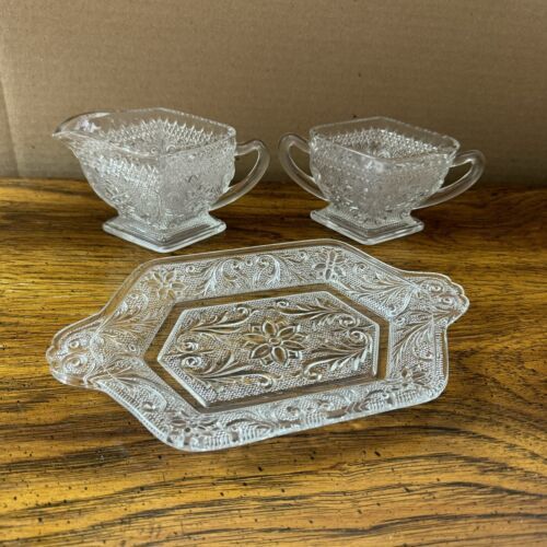Indiana Glass Clear Sandwich Diamond Shape Creamer &amp; Sugar Bowl w/ Tray - $26.89
