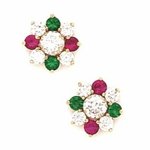14K Solid Yellow Gold 8MM Emerald and Ruby Birthstone Flower Studs ER-PE... - £88.62 GBP