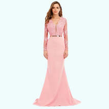 Elegant Long Sleeve Sheer Lace Maxi Dress with Belt - £58.71 GBP+