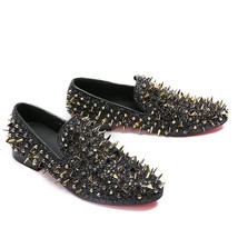 High Quality Shiny Gold Spiked Rivets Loafers Men Casual Shoes Red Bottoms Sequi - £123.36 GBP