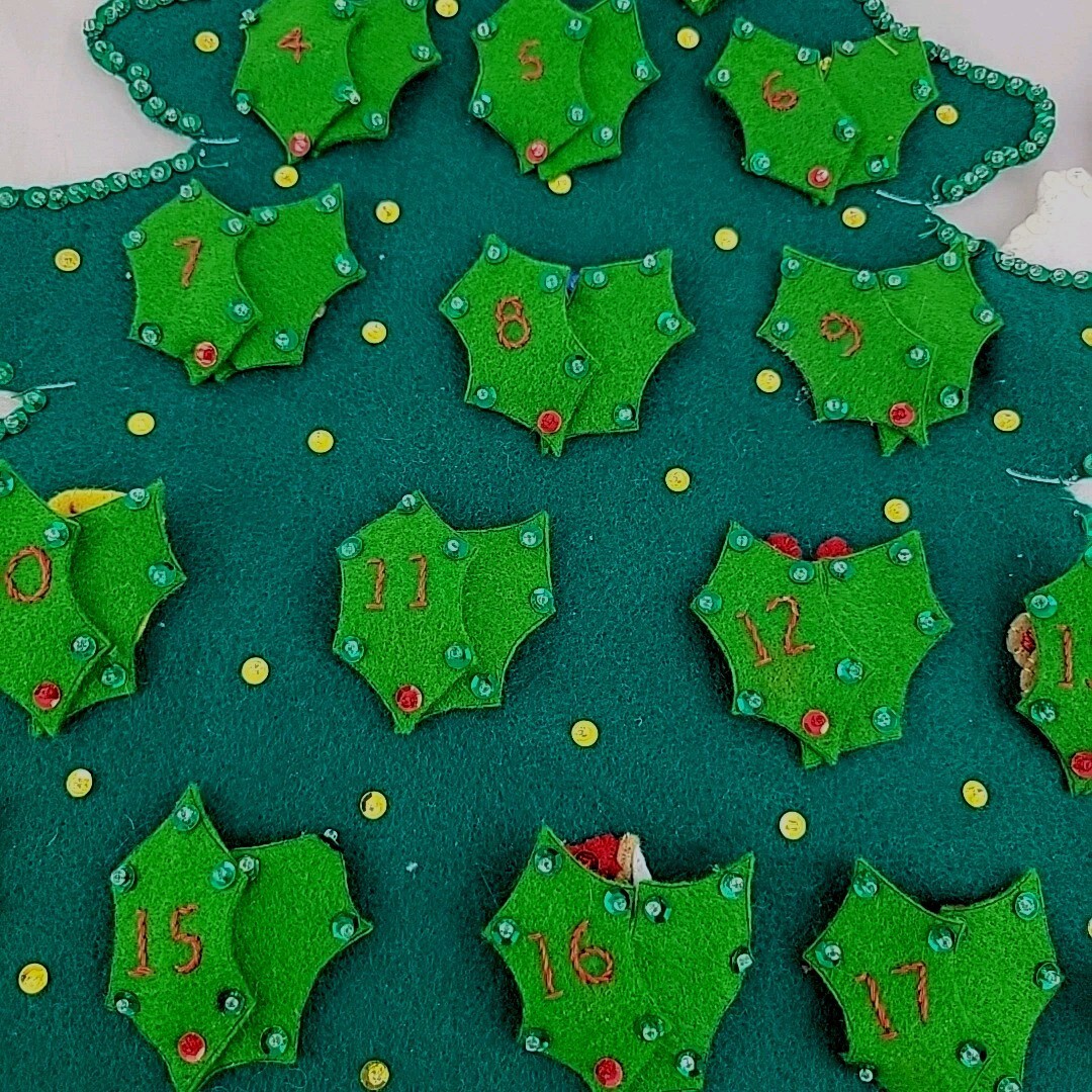 Vtg Jeweled Advent Calendar Felt Sequined Embroidered XMAS Tree Handmade Santa Item image 4