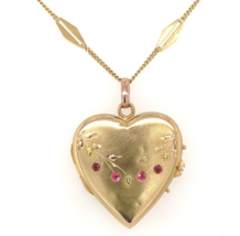French 18k Gold Heart Shape Locket w/Synthetic Lab-Created Ruby Accents (#J6518) - £895.59 GBP
