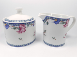 Oneida Blue Lattice Creamer and Covered Sugar Bowl White Blue Green Pink Floral - £17.61 GBP
