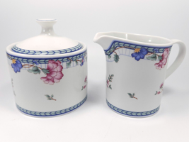 Oneida Blue Lattice Creamer and Covered Sugar Bowl White Blue Green Pink... - £17.90 GBP