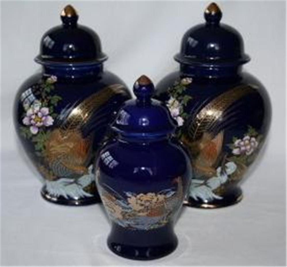 Primary image for VINTAGE HERITAGE MINT LTD Japan Set of 3 Cobalt Blue Peacock Ginger Jars #M88