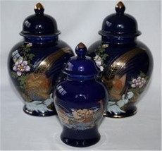 Vintage Heritage Mint Ltd Japan Set Of 3 Cobalt Blue Peacock Ginger Jars #M88 - £39.33 GBP