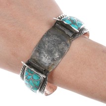 6 5/8&quot; 40&#39;s-50&#39;s Zuni Fish scale turquoise silver watch bracelet - £354.82 GBP