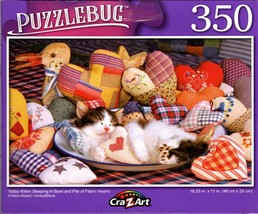 Tabby Kitten Sleeping in Bowl and Pile Fabric Hearts - 350 Pieces Jigsaw Puzzle - $11.87