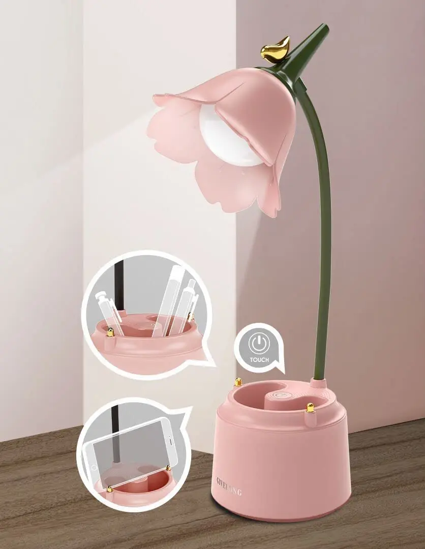 Cute Desk Lamp Rechargeable LED Night Light Table Lamp for Bedroom Flowers - $21.43