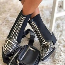 Women&#39;s Studded Rivet Black Pointed Toe Slip On Square Heel Ankle Boots ... - £55.00 GBP