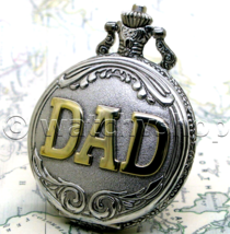 DAD Pocket Watch Silver Color Dad Father Men Gift Arabic Numbers Fob Chain P24 - £16.37 GBP