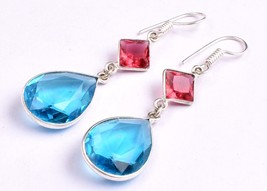 Sterling Silver Handmade Blue Topaz Gemstone Women Dangle Drop Earrings For Gift - £38.87 GBP+