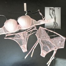 Victoria&#39;s Secret 36C,36D,36DD,36DDD BRA SET+thong+garter panty cutout PINK LACE - £93.41 GBP