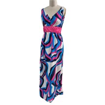 VTG 60s 70s Psychedelic Pink/White/Blue Silk  Print Maxi Dress Deep V Ba... - $148.50
