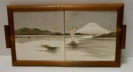 Decorative Tile &amp; Bamboo Vintage Serving Tray Japanese Sailboat Scene - £47.92 GBP
