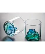 TWO Blue Green Mountain Glasses Mt. Fuji Whiskey Vodka Bourbon Tequila NEAT - $373.08 MXN
