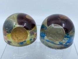 2 Vintage Ohio Buckeye Lucite Paperweight Souvenirs Indian Penny Buffalo Nickle - £39.56 GBP