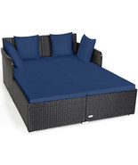 Spacious Outdoor Rattan Daybed with Upholstered Cushions and Pillows-Nav... - £256.78 GBP
