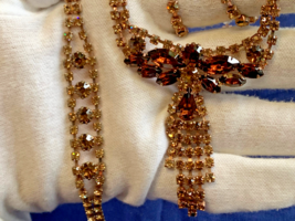 Vtg Champagne Amber Rhinestone Jewelry Set Necklace Bracelet Prong Set - £39.47 GBP