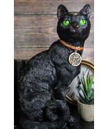 Wicca Witchcraft Green Eyed Moon Black Cat With Pentagram Necklace Figurine - €28,24 EUR