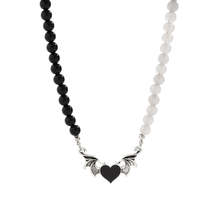 Black Quartz &amp; Enamel Silver-Plated Winged Heart Pendant Necklace - £11.98 GBP