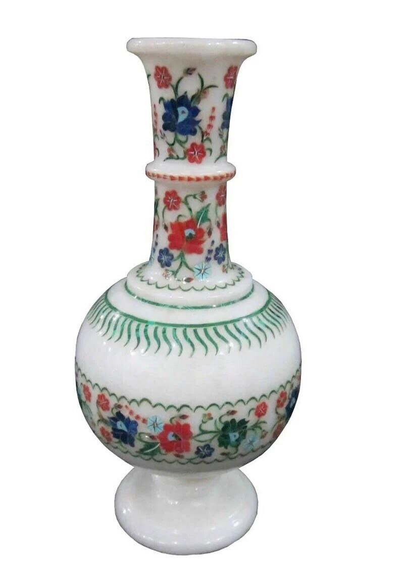 Primary image for 11 Inches Giftable Vase Inlaid with Gemstone White Marble Flower Pot for Garden