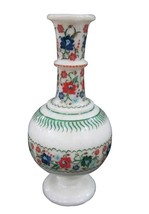 11 Inches Giftable Vase Inlaid with Gemstone White Marble Flower Pot for... - £1,141.29 GBP