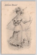 Beautiful Victorian Lady With Lamb Sketch Style A/S Easter Postcard A45 - £10.22 GBP
