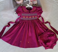 Smocked Embroidered Baby Girl Dress. Burgundy Birthday Dress. Girl Smock... - £29.45 GBP