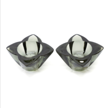 Pair Vintage Art Glass Black Charcoal Gray Flower Shaped Floral Candle Holder - £17.23 GBP