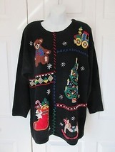 VICTORIA JONES Woman Vintage Embellished Sweater Christmas Black 1X Embroidered  - £23.56 GBP