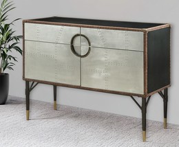 52&quot; Brown Silver and Black Leather And Aluminum Console Table With Two D... - €3.081,59 EUR