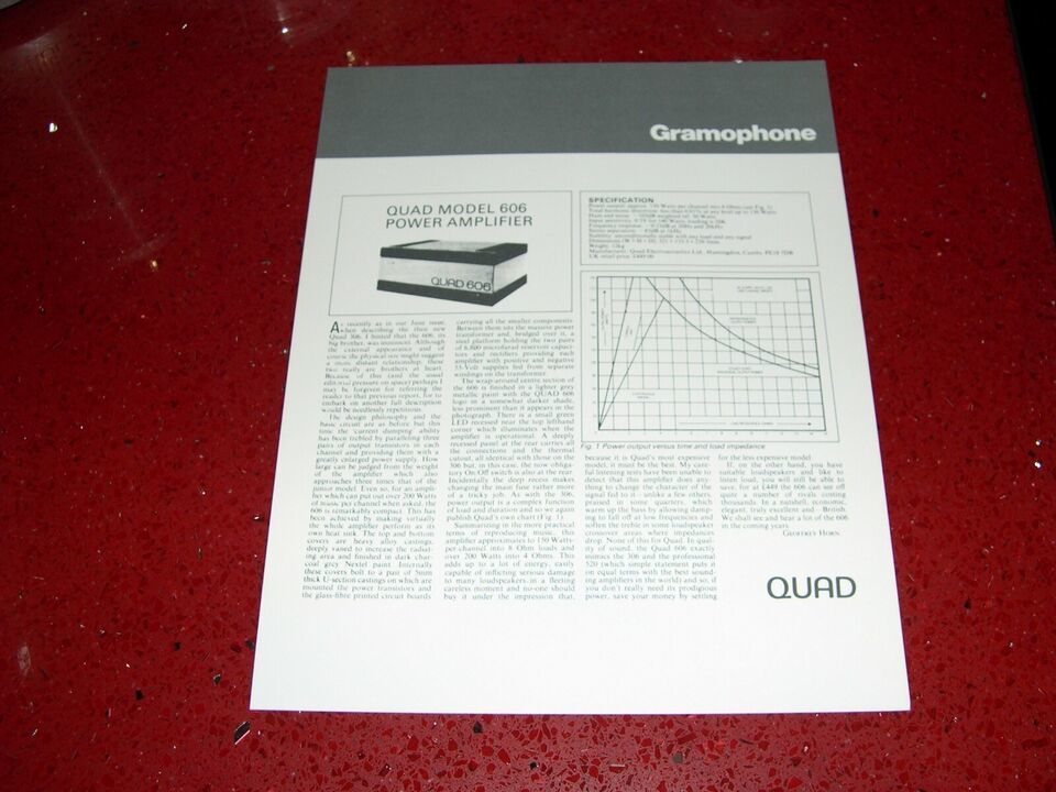 QUAD MODEL 606 POWER AMPLIFIER SINGLE PAGE SPEC SHEET - $6.00
