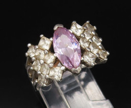 925 Silver - Vintage Purple &amp; White Cubic Zirconia Open Shank Ring Sz 8-... - £28.01 GBP