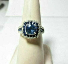 3Ct Round Cut CZ Blue Sapphire Halo Engagement Ring 14K White Gold Plated - £89.90 GBP