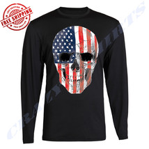Americana Skull T-SHIRT Biker Patriotic Merica Usa Pride Flag Long Sleeve - £14.62 GBP