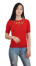 Red Short Sleeve Knit Top - Colorful Embroidered Flowers - Size S to L -... - £20.78 GBP