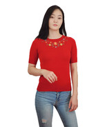 Red Short Sleeve Knit Top - Colorful Embroidered Flowers - Size S to L -... - £20.59 GBP