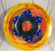 Mexican Folk Art Hand Painted Wood Bowl Lacquer Orange &amp; Blue Flower 7&quot;. - £19.80 GBP