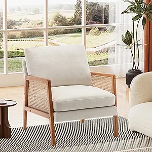 Ivory Accent Chair Natural Rattan Armchair Upholstered Living Room Chair... - $277.99