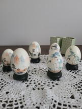 Beautiful vintage hand painted eggs oriental theme houses cranes lot of 6 - £25.73 GBP