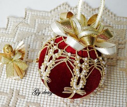 Gold crochet Christmas Ornaments, Beaded red Velvet Handmade Ball, No Se... - $34.00